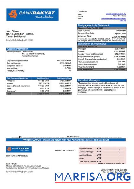 Realistic Malaysia Bank Rakyat mortgage statement Word and PDF template